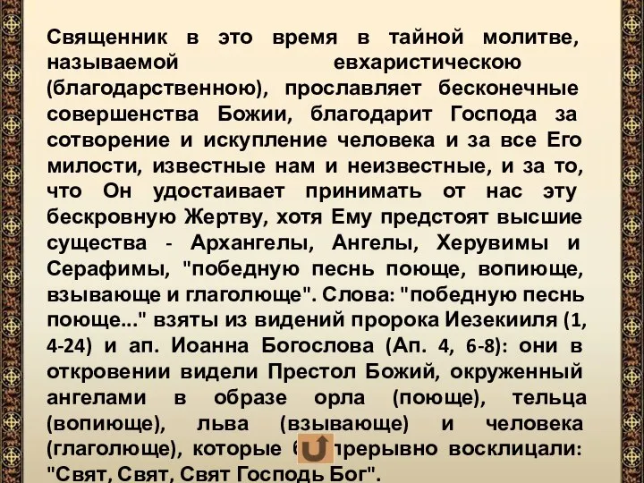 Священник в это время в тайной молитве, называемой евхаристическою (благодарственною), прославляет