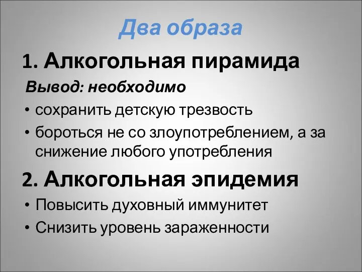 Два образа 1. Алкогольная пирамида Вывод: необходимо сохранить детскую трезвость бороться