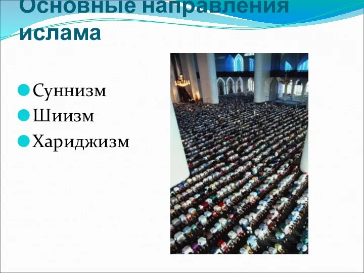 Основные направления ислама Суннизм Шиизм Хариджизм