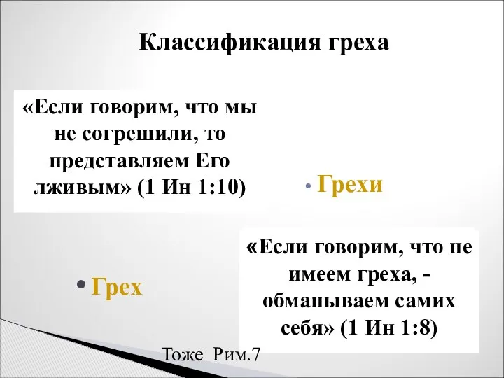 Грехи Классификация греха Грех «Я в беззаконии зачат, и во грехе