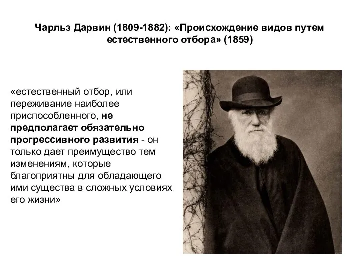 Чарльз Дарвин (1809-1882): «Происхождение видов путем естественного отбора» (1859) «естественный отбор,