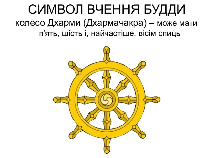 СИМВОЛ ВЧЕННЯ БУДДИ колесо Дхарми (Дхармачакра) – може мати п'ять, шість і, найчастіше, вісім спиць