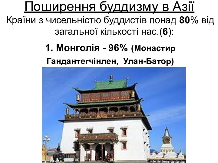 Поширення буддизму в Азії Країни з чисельністю буддистів понад 80% від