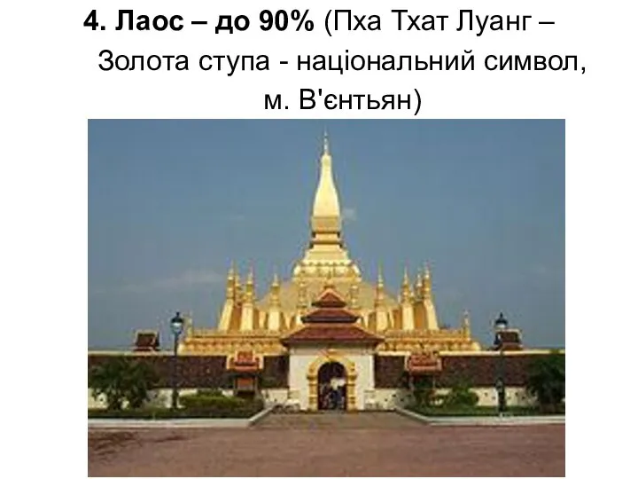 4. Лаос – до 90% (Пха Тхат Луанг – Золота ступа - національний символ, м. В'єнтьян)