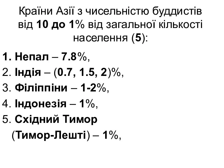 Країни Азії з чисельністю буддистів від 10 до 1% від загальної