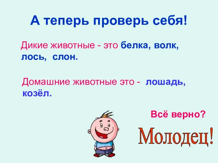 А теперь проверь себя! Дикие животные - это белка, волк, лось,