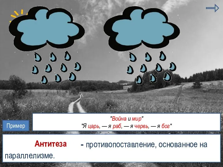 анафора литота - противопоставление, основанное на параллелизме. антитеза Антитеза Пример "Война