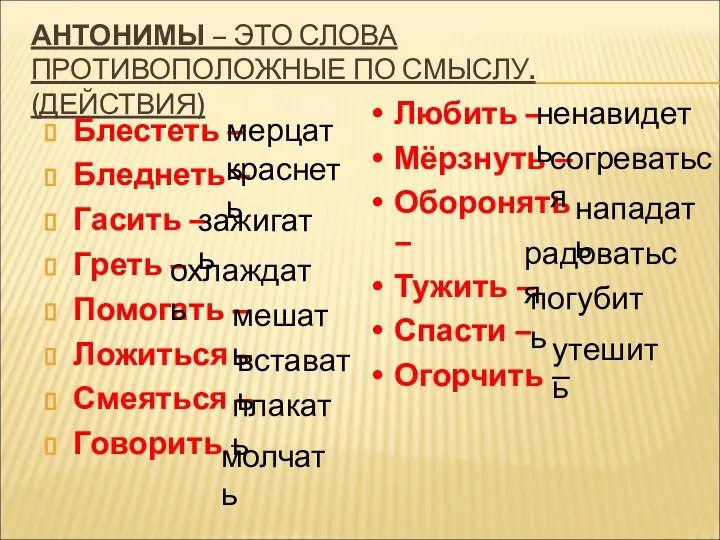 АНТОНИМЫ – ЭТО СЛОВА ПРОТИВОПОЛОЖНЫЕ ПО СМЫСЛУ. (ДЕЙСТВИЯ) Блестеть – Бледнеть