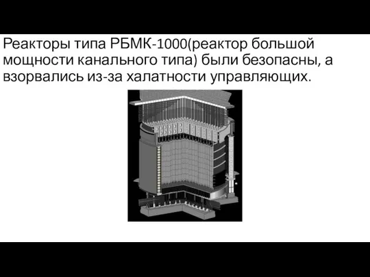 Реакторы типа РБМК-1000(реактор большой мощности канального типа) были безопасны, а взорвались из-за халатности управляющих.