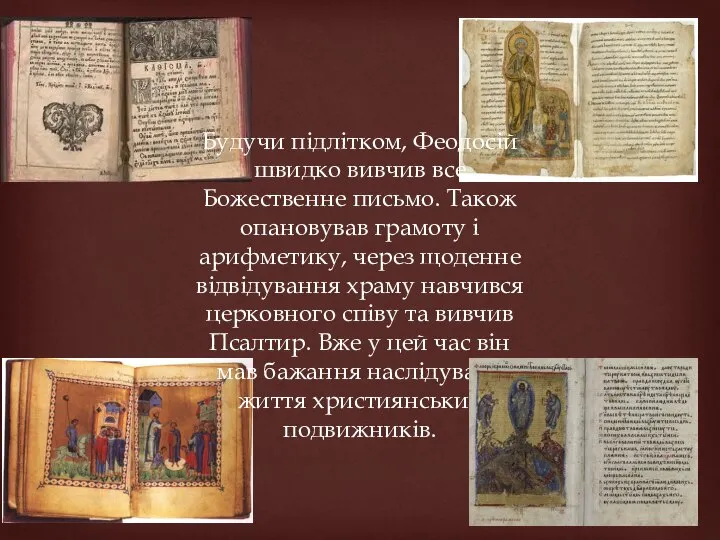 Будучи підлітком, Феодосій швидко вивчив все Божественне письмо. Також опановував грамоту