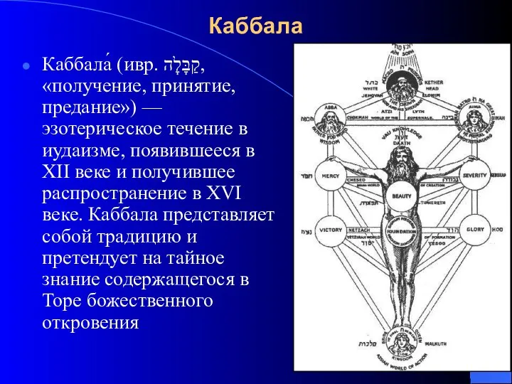 Каббала Каббала́ (ивр. קַבָּלָה‎, «получение, принятие, предание») — эзотерическое течение в