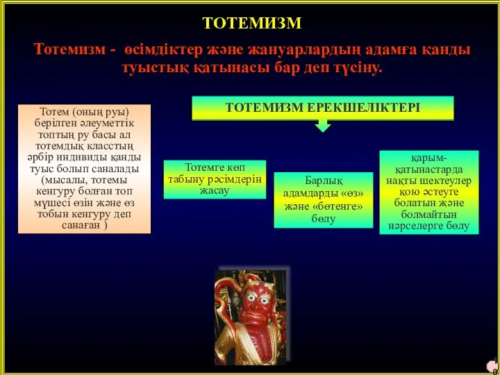 ТОТЕМИЗМ Тотемизм - өсімдіктер және жануарлардың адамға қанды туыстық қатынасы бар