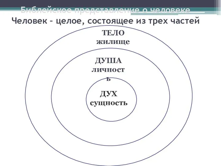 Библейское представление о человеке Человек – целое, состоящее из трех частей