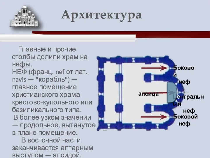 Главные и прочие столбы делили храм на нефы. НЕФ (франц. nef