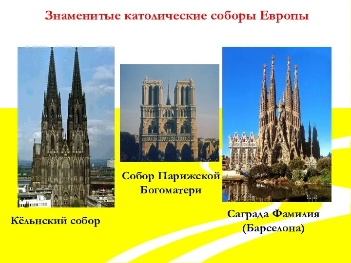 Знаменитые католические соборы Европы Саграда Фамилия (Барселона) Собор Парижской Богоматери Кёльнский собор
