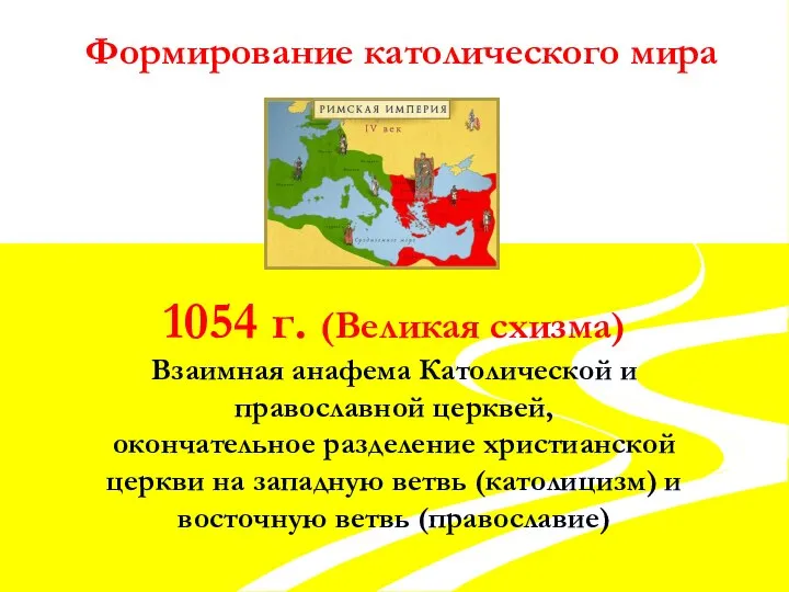 Формирование католического мира 1054 г. (Великая схизма) Взаимная анафема Католической и