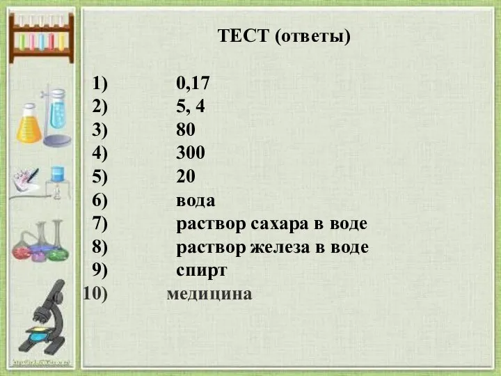 ТЕСТ (ответы) 0,17 5, 4 80 300 20 вода раствор сахара