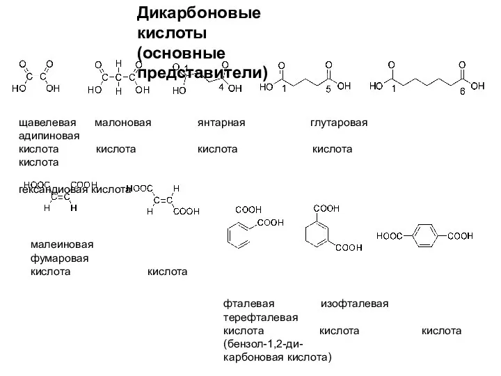 Дикарбоновые кислоты (основные представители) щавелевая малоновая янтарная глутаровая адипиновая кислота кислота