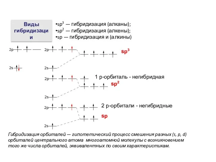 Виды гибридизации sp3 — гибридизация (алканы); sp2 — гибридизация (алкены); sp