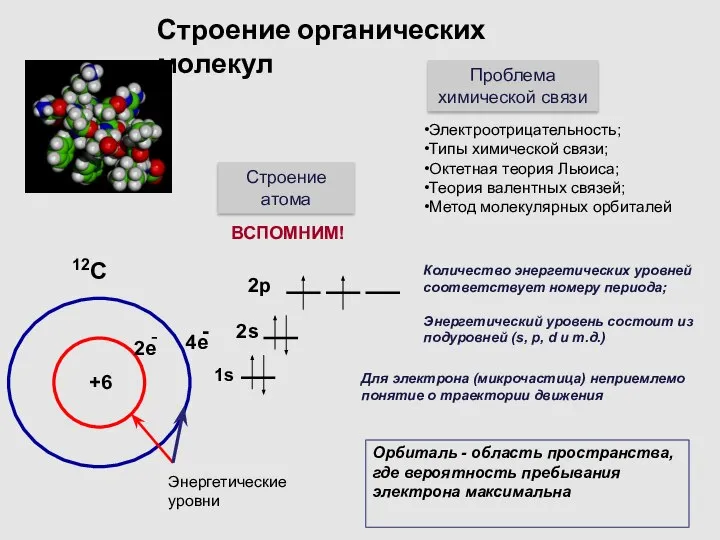 Строение органических молекул Строение атома Проблема химической связи Электроотрицательность; Типы химической