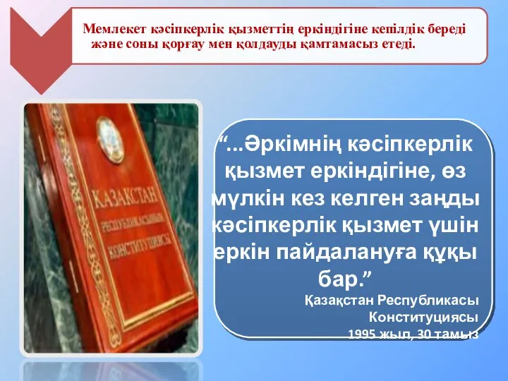 “...Әркімнің кәсіпкерлік қызмет еркіндігіне, өз мүлкін кез келген заңды кәсіпкерлік қызмет