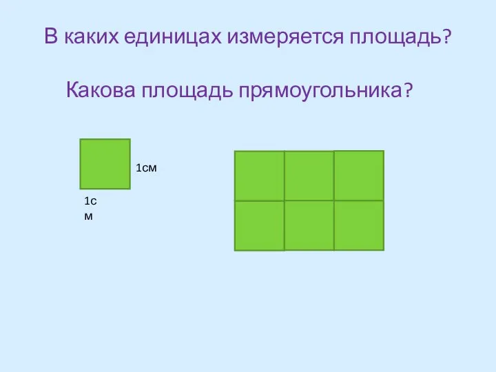 В каких единицах измеряется площадь? Какова площадь прямоугольника? 1см 1см