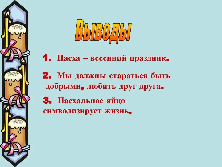 Выводы 1. Пасха – весенний праздник. 2. Мы должны стараться быть