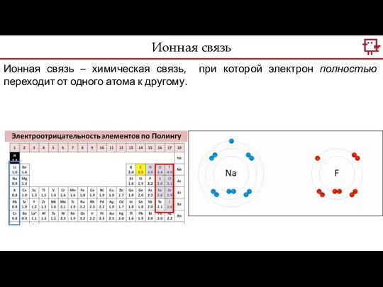 Ионная связь Ионная связь – химическая связь, при которой электрон полностью