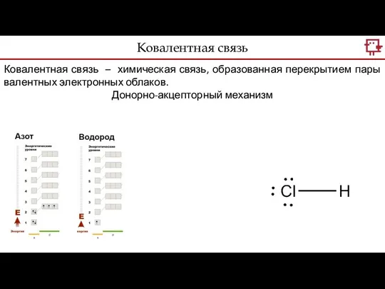 Ковалентная связь Ковалентная связь – химическая связь, образованная перекрытием пары валентных электронных облаков. Донорно-акцепторный механизм