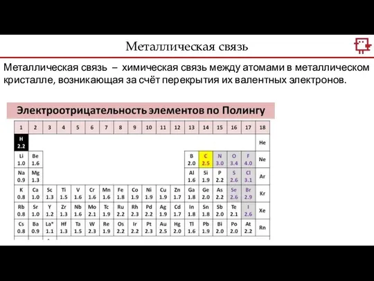 Металлическая связь Металлическая связь – химическая связь между атомами в металлическом