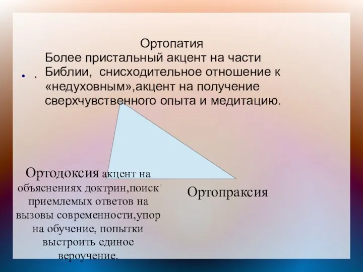 . Ортодоксия акцент на объяснениях доктрин,поиск приемлемых ответов на вызовы современности,упор