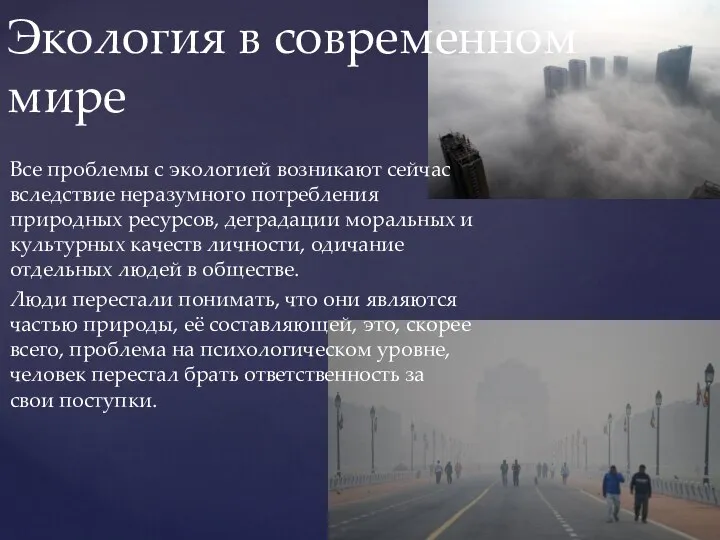 Все проблемы с экологией возникают сейчас вследствие неразумного потребления природных ресурсов,