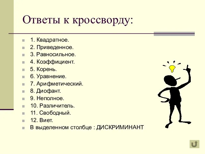 Ответы к кроссворду: 1. Квадратное. 2. Приведенное. 3. Равносильное. 4. Коэффициент.