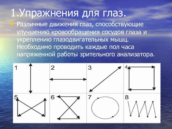 1.Упражнения для глаз. Различные движения глаз, способствующие улучшению кровообращения сосудов глаза