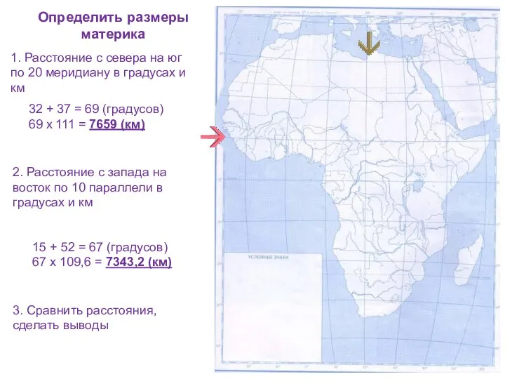 Определить размеры материка 1. Расстояние с севера на юг по 20