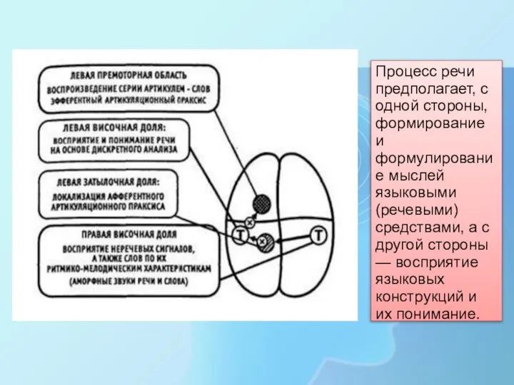 Процесс речи предполагает, с одной стороны, формирование и формулирование мыслей языковыми