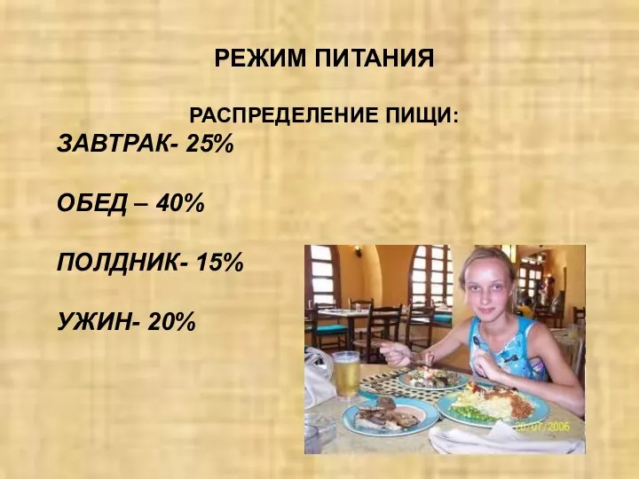 РЕЖИМ ПИТАНИЯ РАСПРЕДЕЛЕНИЕ ПИЩИ: ЗАВТРАК- 25% ОБЕД – 40% ПОЛДНИК- 15% УЖИН- 20%