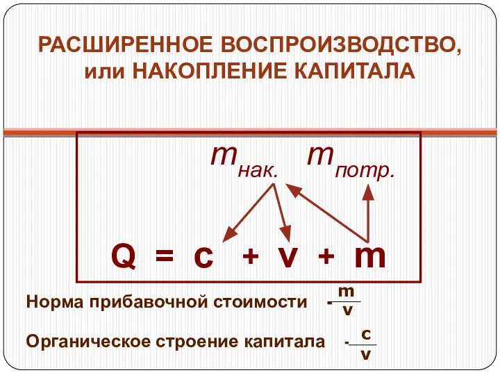 РАСШИРЕННОЕ ВОСПРОИЗВОДСТВО, или НАКОПЛЕНИЕ КАПИТАЛА mнак. mпотр. Q = c +