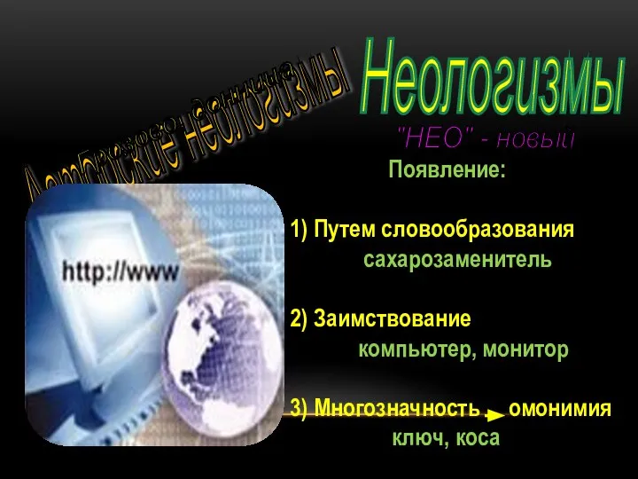 Неологизмы "НЕО" - новый Появление: 1) Путем словообразования сахарозаменитель 2) Заимствование