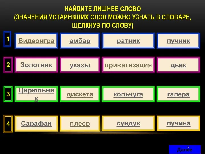 НАЙДИТЕ ЛИШНЕЕ СЛОВО (ЗНАЧЕНИЯ УСТАРЕВШИХ СЛОВ МОЖНО УЗНАТЬ В СЛОВАРЕ, ЩЕЛКНУВ