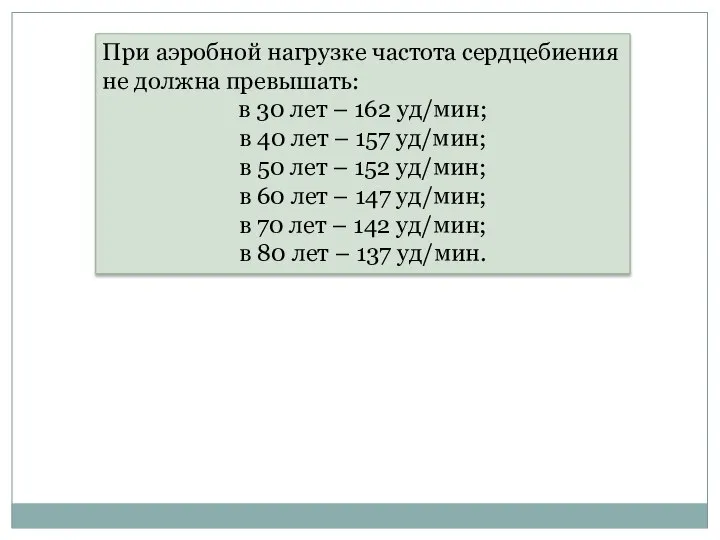 При аэробной нагрузке частота сердцебиения не должна превышать: в 30 лет