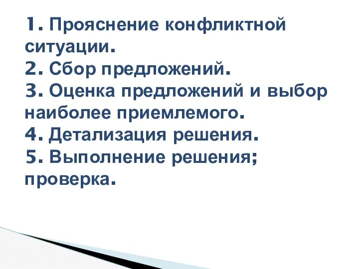 1. Прояснение конфликтной ситуации. 2. Сбор предложений. 3. Оценка предложений и