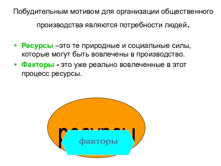 Побудительным мотивом для организации общественного производства являются потребности людей. Ресурсы –это