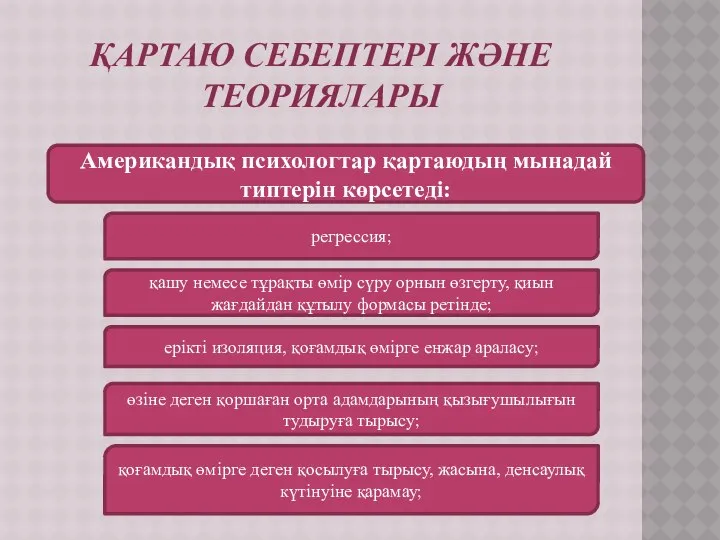 ҚАРТАЮ СЕБЕПТЕРІ ЖӘНЕ ТЕОРИЯЛАРЫ Американдық психологтар қартаюдың мынадай типтерін көрсетеді: регрессия;