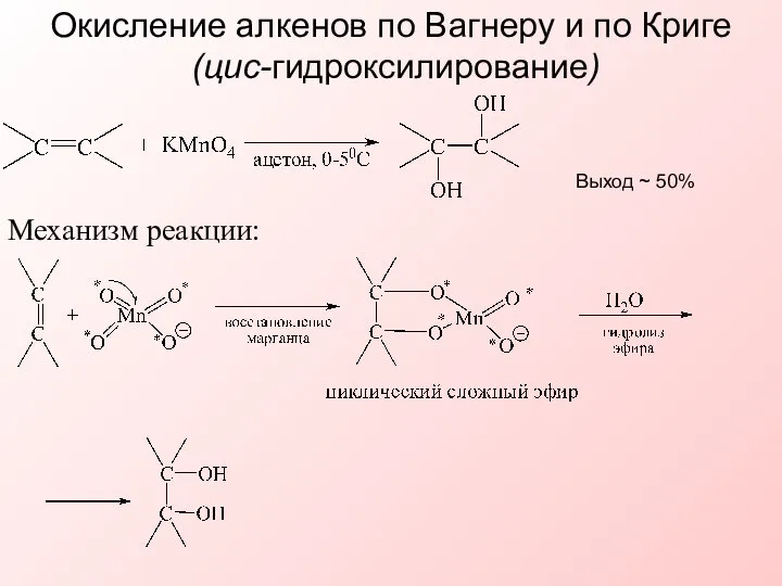 Окисление алкенов по Вагнеру и по Криге (цис-гидроксилирование) Выход ~ 50% Механизм реакции: