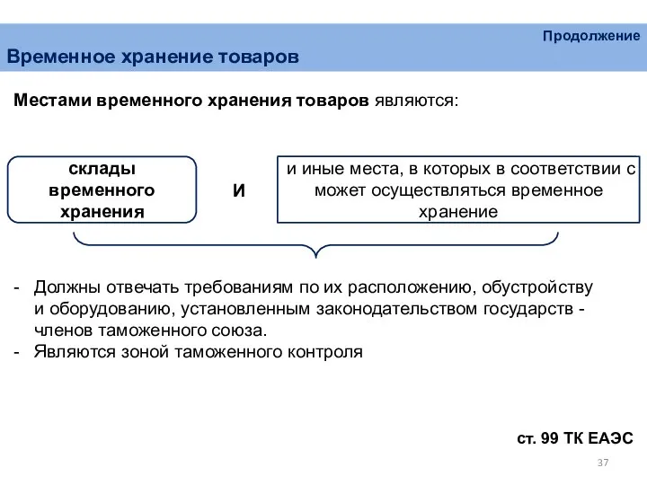 Продолжение Временное хранение товаров Местами временного хранения товаров являются: И ст.