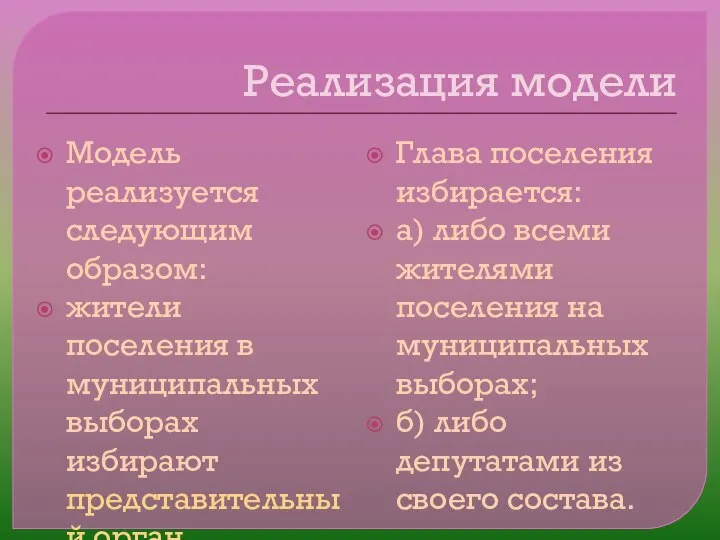 Реализация модели Модель реализуется следующим образом: жители поселения в муниципальных выборах