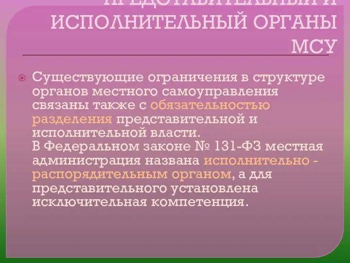 ПРЕДСТАВИТЕЛЬНЫЙ И ИСПОЛНИТЕЛЬНЫЙ ОРГАНЫ МСУ Существующие ограничения в структуре органов местного