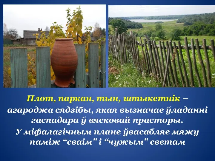 Плот, паркан, тын, штыкетнік – агароджа сядзібы, якая вызначае ўладанні гаспадара