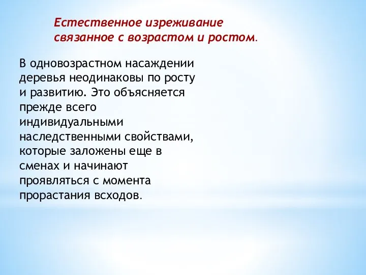 Естественное изреживание связанное с возрастом и ростом. В одновозрастном насаждении деревья